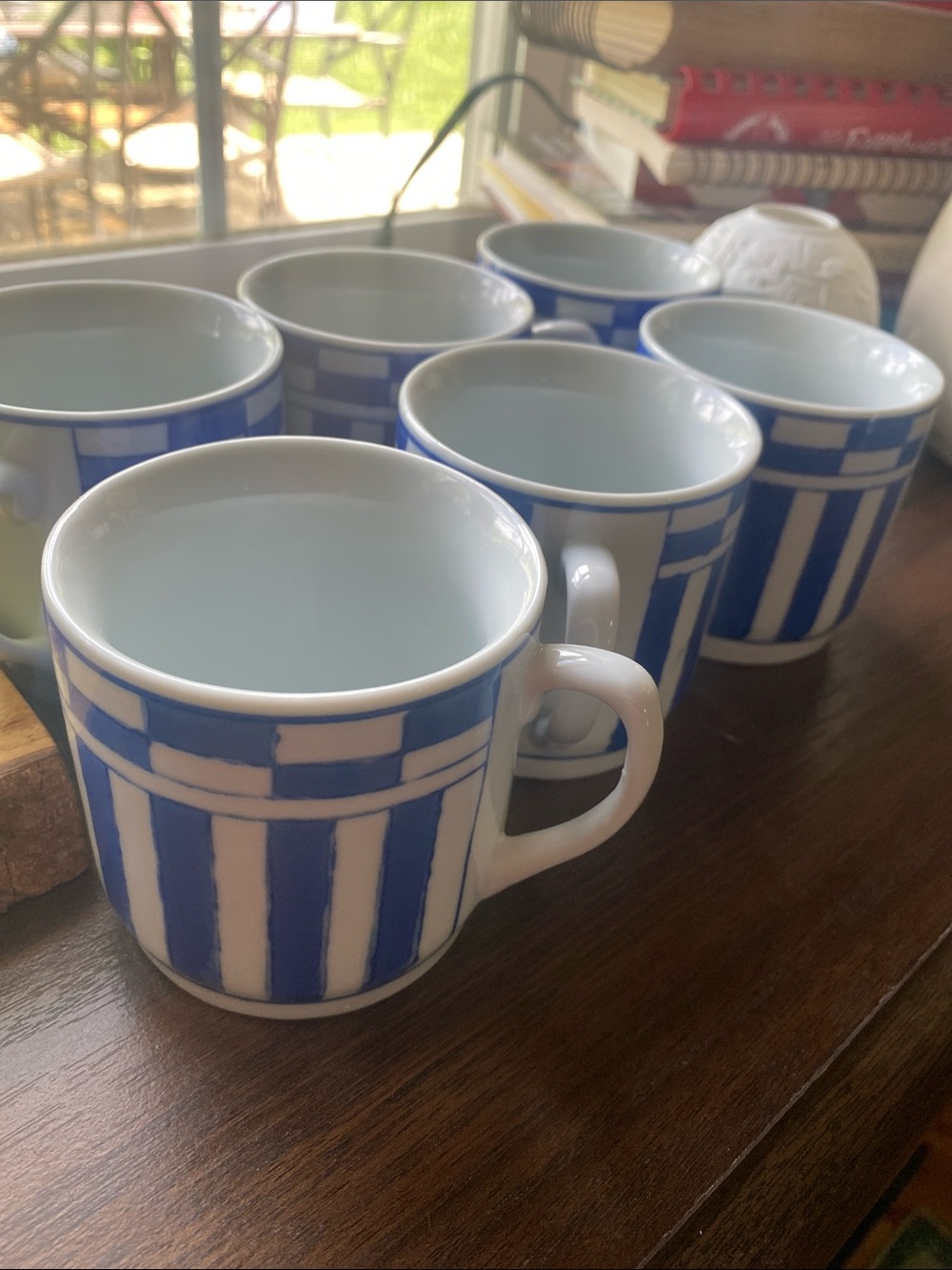 Set of 6 vintage IDG Williams Sonoma Blue and White Striped Ceramic Mugs